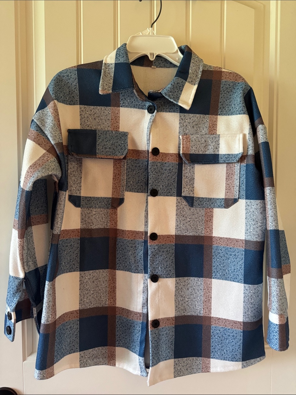 Women’s Blue Cream Brown Plaid Button-Up Shacket